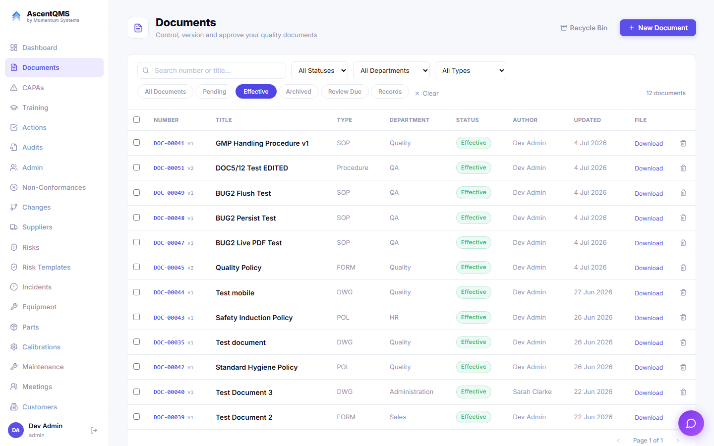 AscentQMS document control
